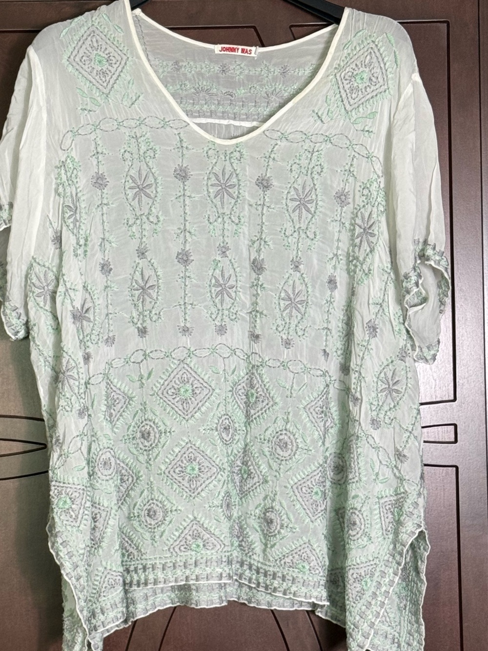 Johnny Was Mint Green Embroidered V-Neck Tunic.  Plus Size